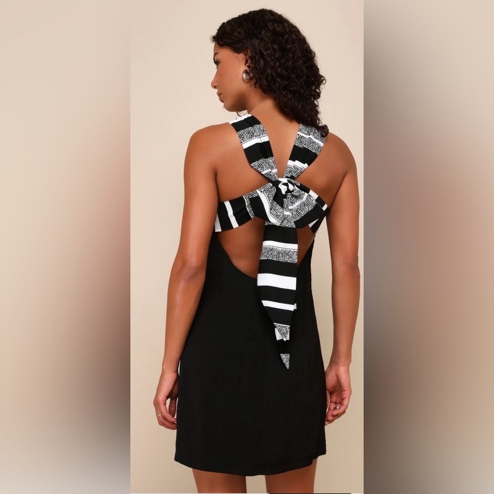 Lulu's Black and White Striped Bow Dress - Picture 3 of 8